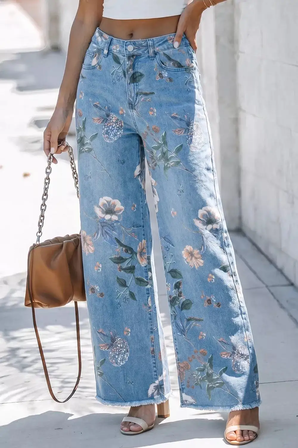 Floral Print Raw Hem Wide Leg Jeans