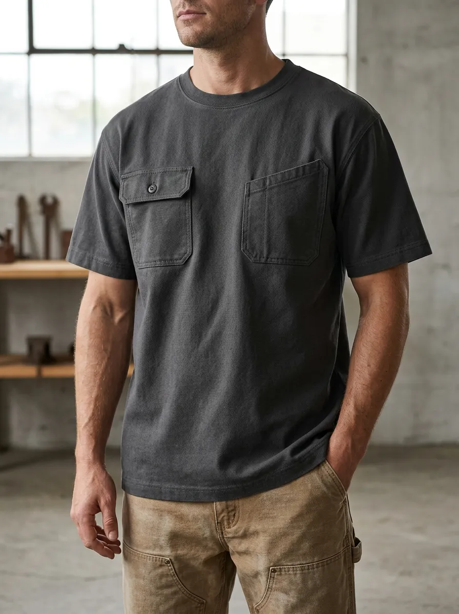 Men's Workwear T-Shirt with Button-Flap Pocket and Crewneck