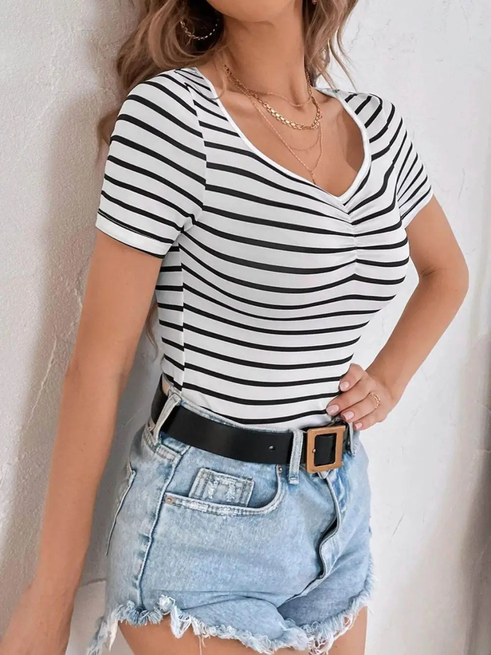 Stretch Striped V Neck Short Sleeve T-Shirt