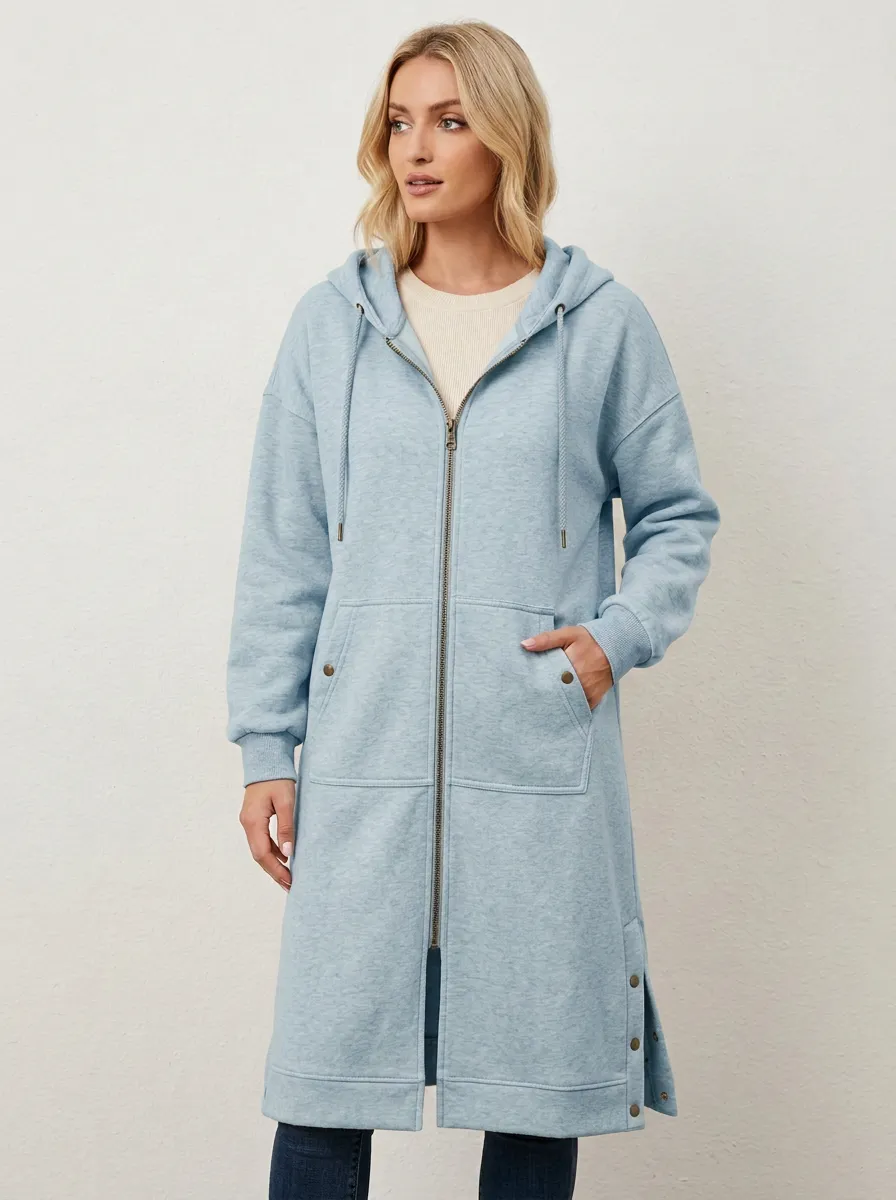 Comfy-Layer Zip-Up Long Hooded Coat