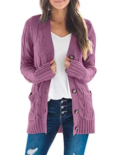 Women's Long Sleeve Cable Knit Sweater Open Front Cardigan Button Loose Outerwear