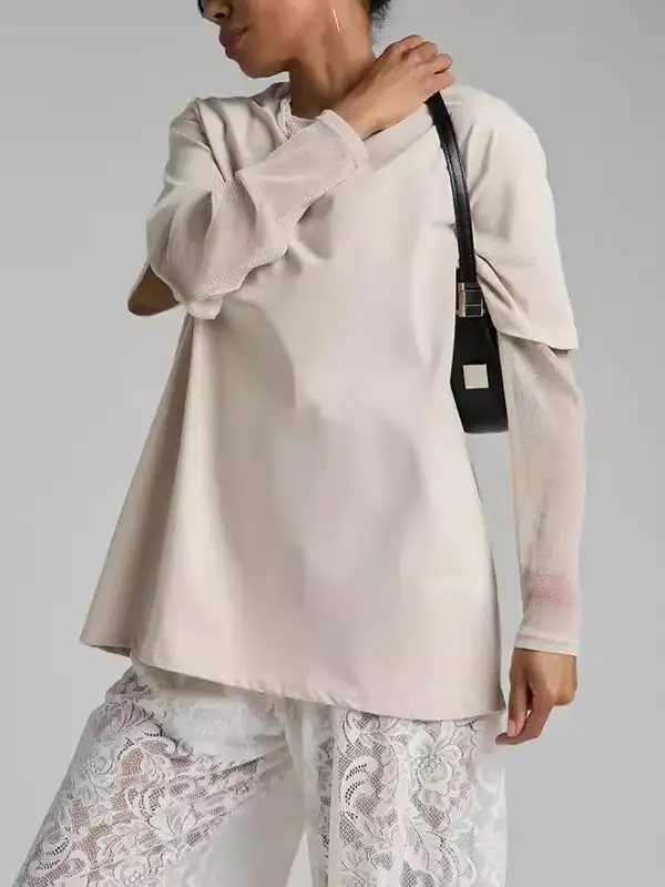Layered Look Relaxed Sheer Panel Detail Sun Protection Round Neck T-Shirt