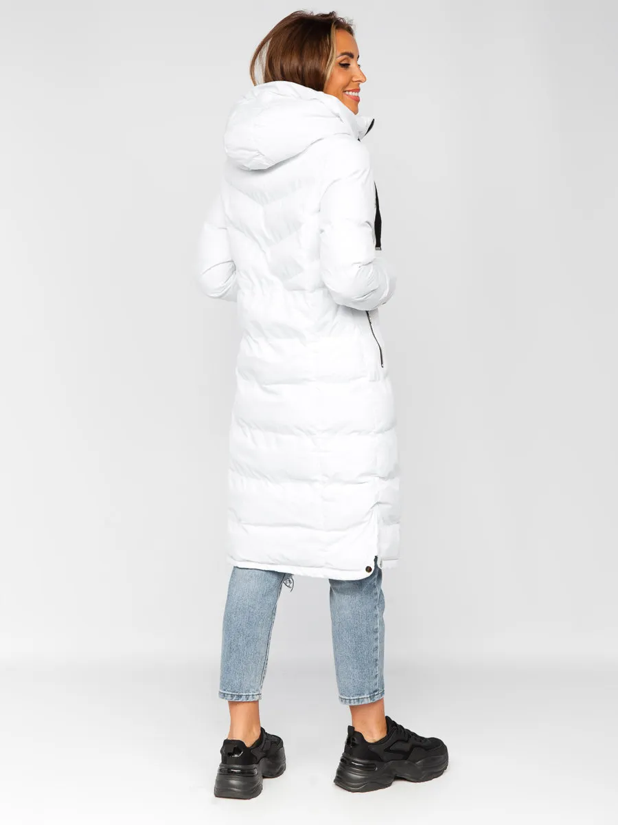 White women's long quilted winter jacket with hood
