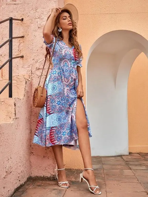 Women Split Hem Shirred Waist Dress