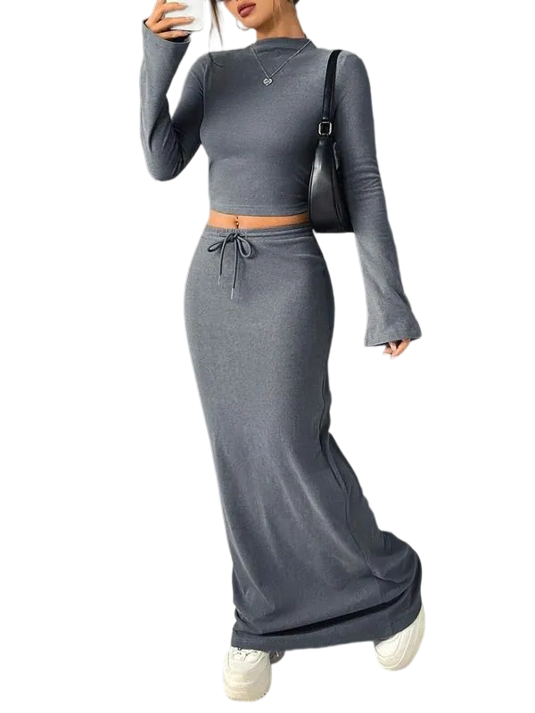 Women's Solid Flounce Sleeve Crop Tee & Skirt Two-piece Set for Daily Outdoor Wear, Women's Clothing for Spring & Fall