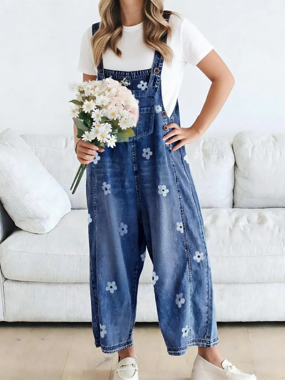 Women's Floral Printed Bib Overall Jumpsuit