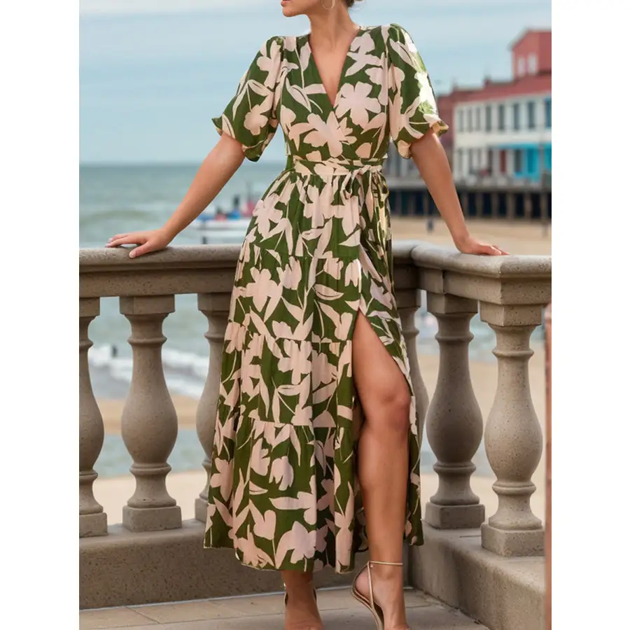 Tied Slit Printed Half Sleeve Midi Dress