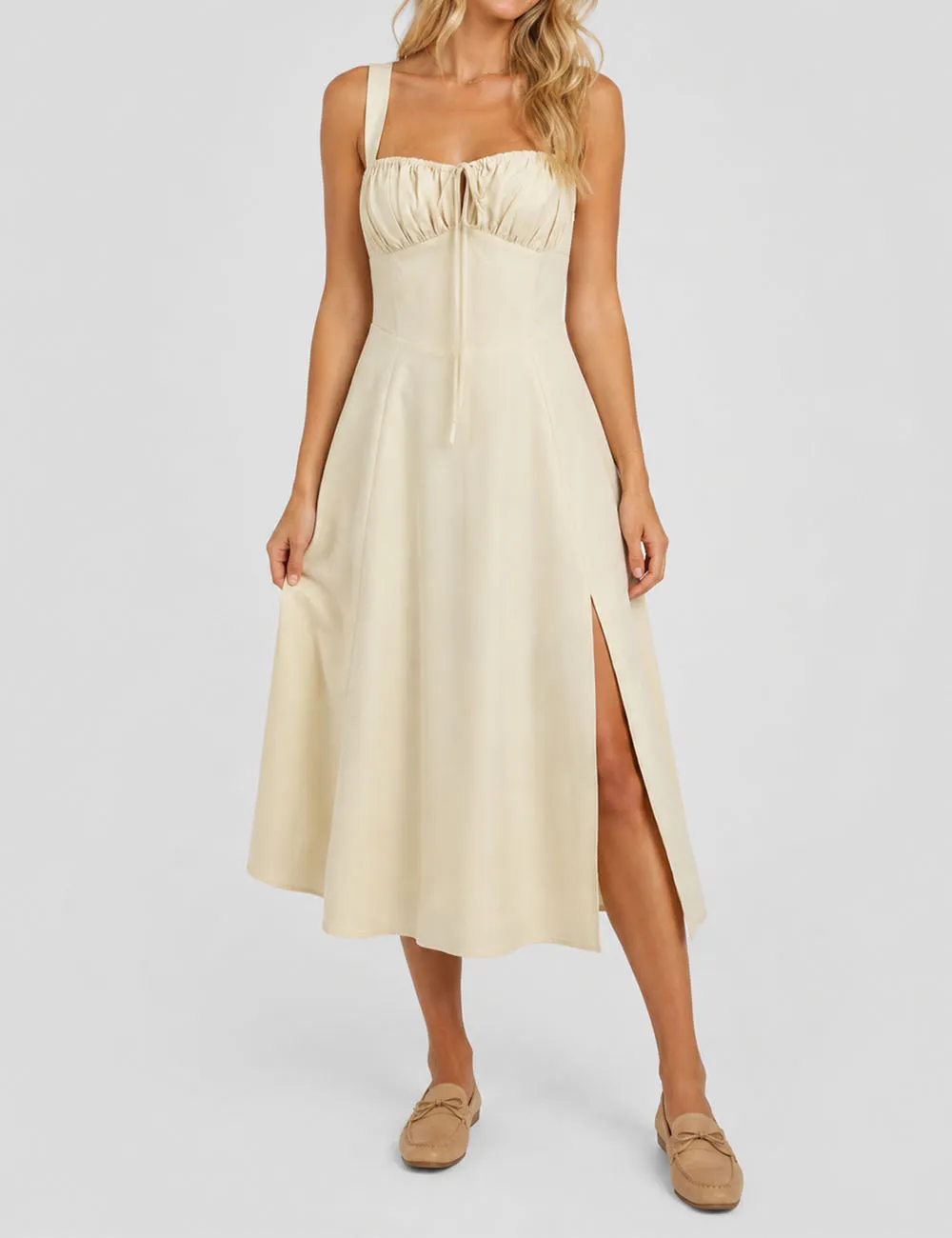 Square Neck Crisscross Lace Up Back Solid Color Midi Dress