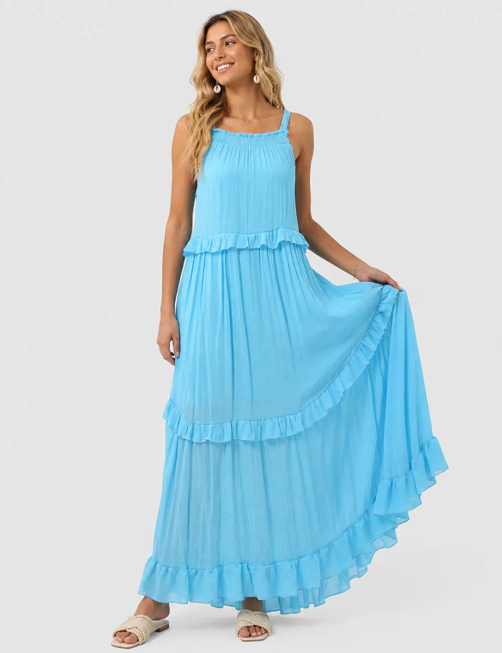 Boho Ruffle Tiered Hem Sleeveless Solid Color Maxi Dress