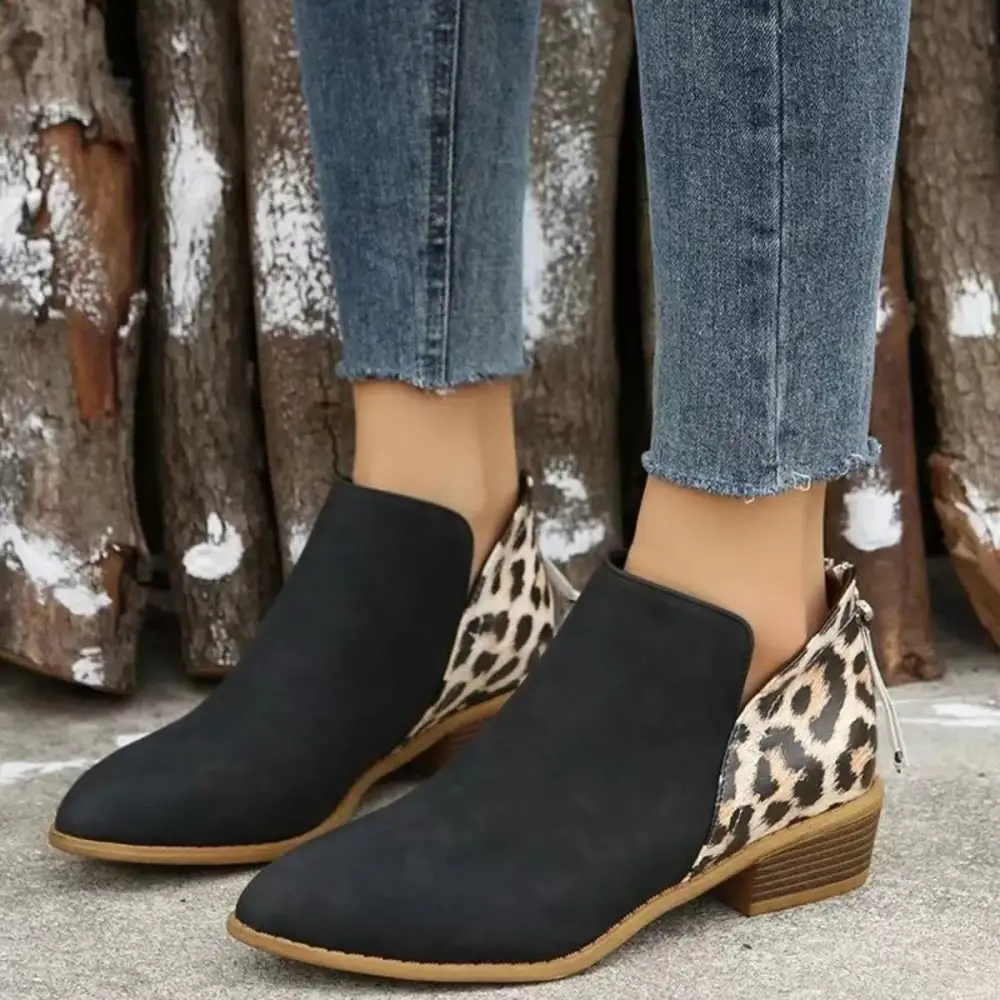 Leopard Point Toe Block Heels Boots