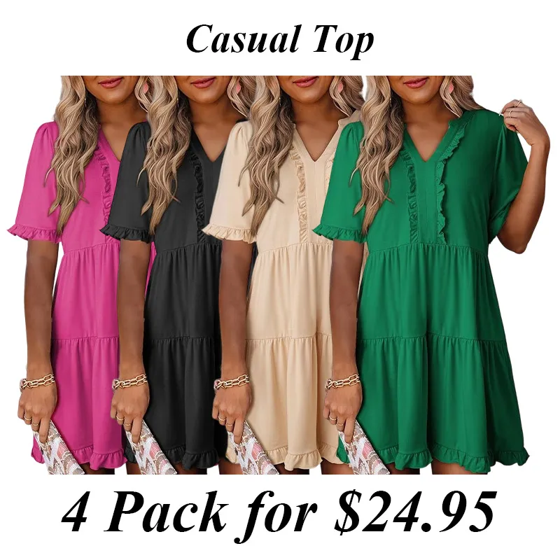 Womens Dresses 2025 Summer Spring V Neck Ruffle Short Sleeve Casual A-Line Flowy Swing Shift Dress Mini Dress