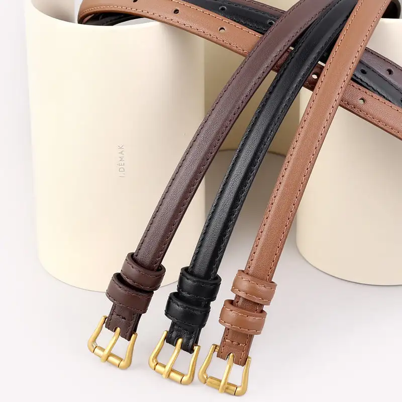 Soft Skinny Leather Belt with Golden Buckle
