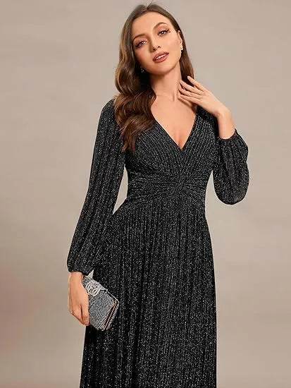 【EVER PRETTY 】curvy dress,Glittery Empire Waist A-Line Dress with Long Lantern Sleeves