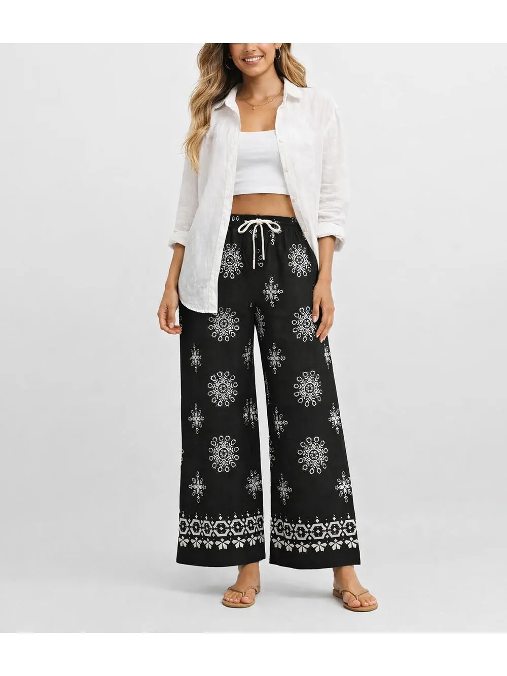 Boho Elastic Waist Lace Up Wide Leg Pants