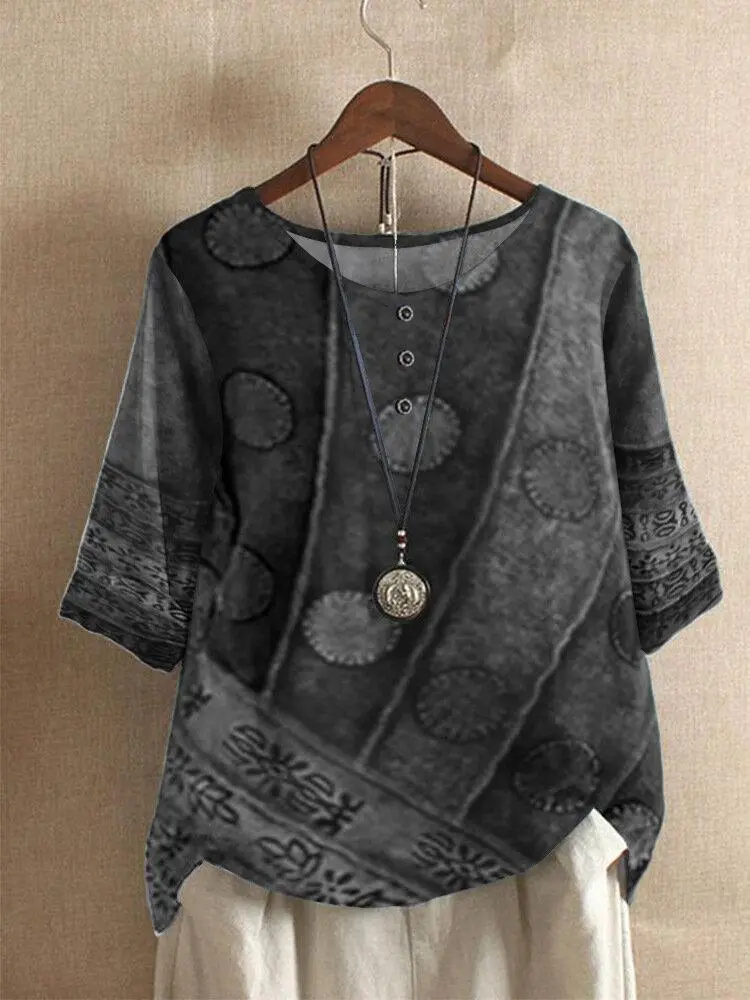 Tribal Pattern O-neck Half Sleeve Loose Women T-shirt