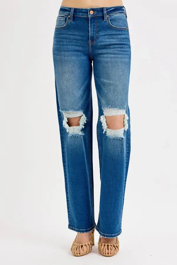 Refined Raw-Hem Distressed Washed Pocketed Straight Leg Jeans