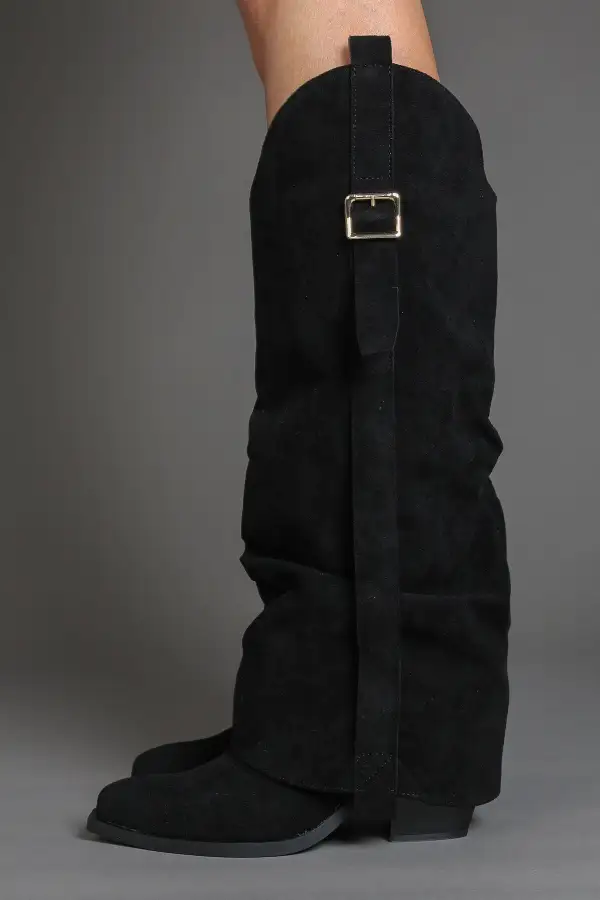 Refined Western Slouch Fold-Over Buckle Detail Knee High Boots