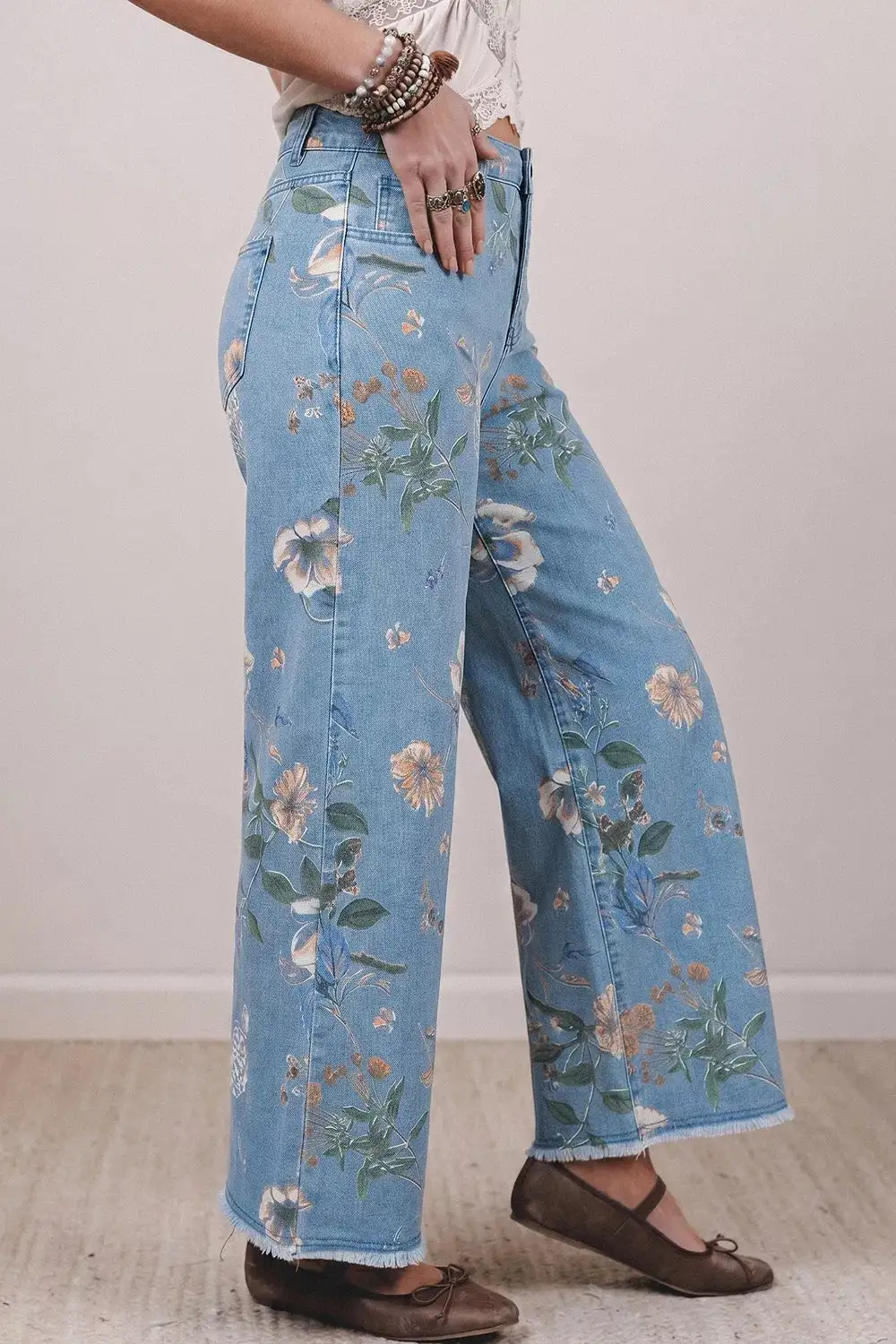 Floral Print Raw Hem Wide Leg Jeans