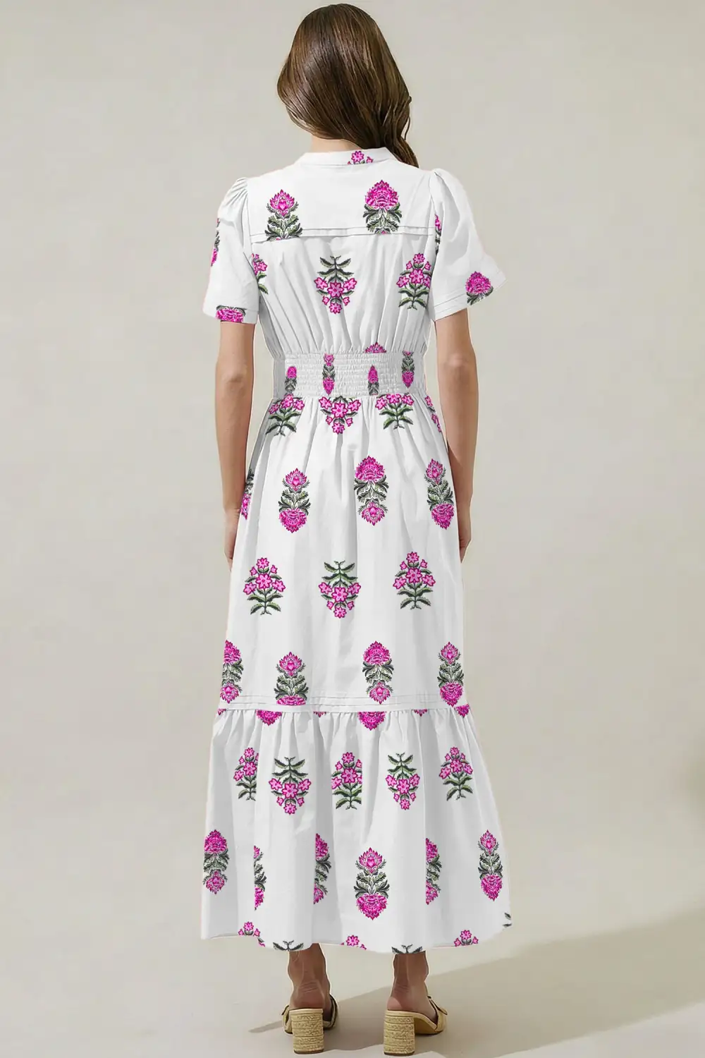 Polished Detail Floral Printed Split Neck Maxi Dress
