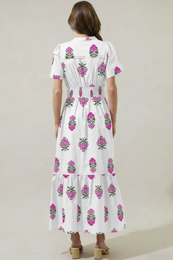 Polished Detail Floral Printed Split Neck Maxi Dress