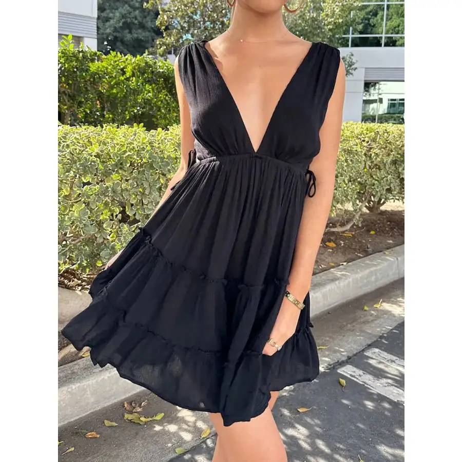 Deep V-neck Tiered Mini Dress