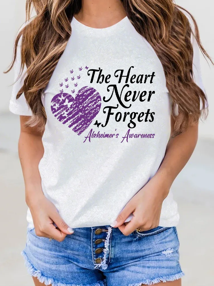 Women's The Hart Never Forgets Alzheimer's Awareness Round-Neck Short-Sleeved T-Shirt