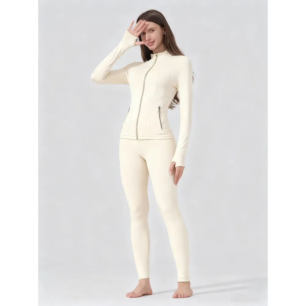 【Golden Zipper】【Gardenia Fragrance】Soft Brushed Women's Sporty Jacket, 25'' Inseam Leggings. Golden Zipper Jacket with Pockets, Yoga Pants, Thumbholes Design, Casual Wear for Women