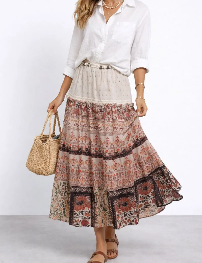 Boho Woven Band Elastic Waist Tiered Midi Skirt