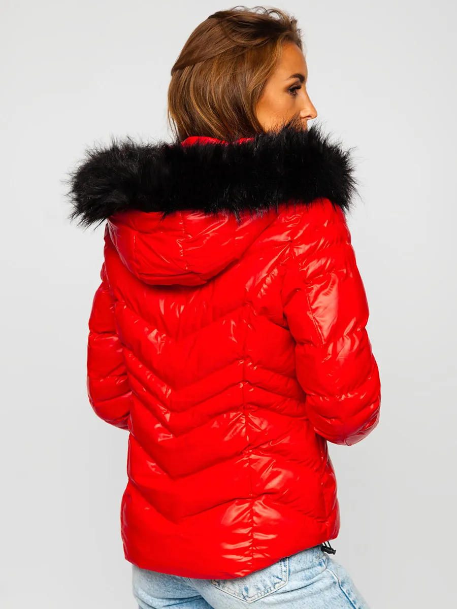 women's red quilted winter jacket with hood