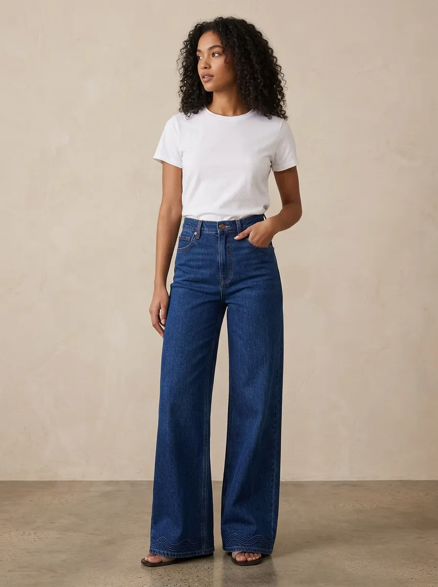 Women's High-Waisted Wave Hem Print Jeans