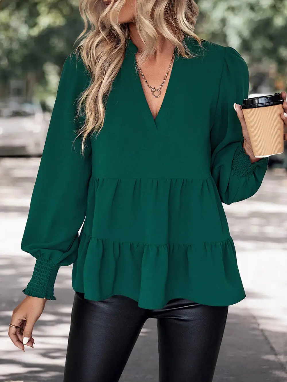 Textured V-Neck Notched Neck Blouse
