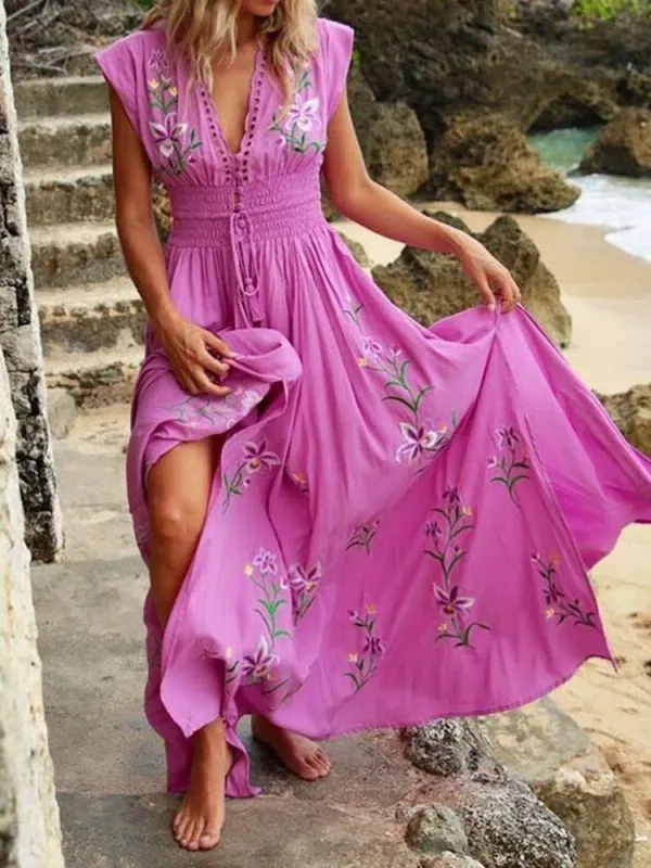 Women's V-Neck Sexy French Beach Boho Print Dress