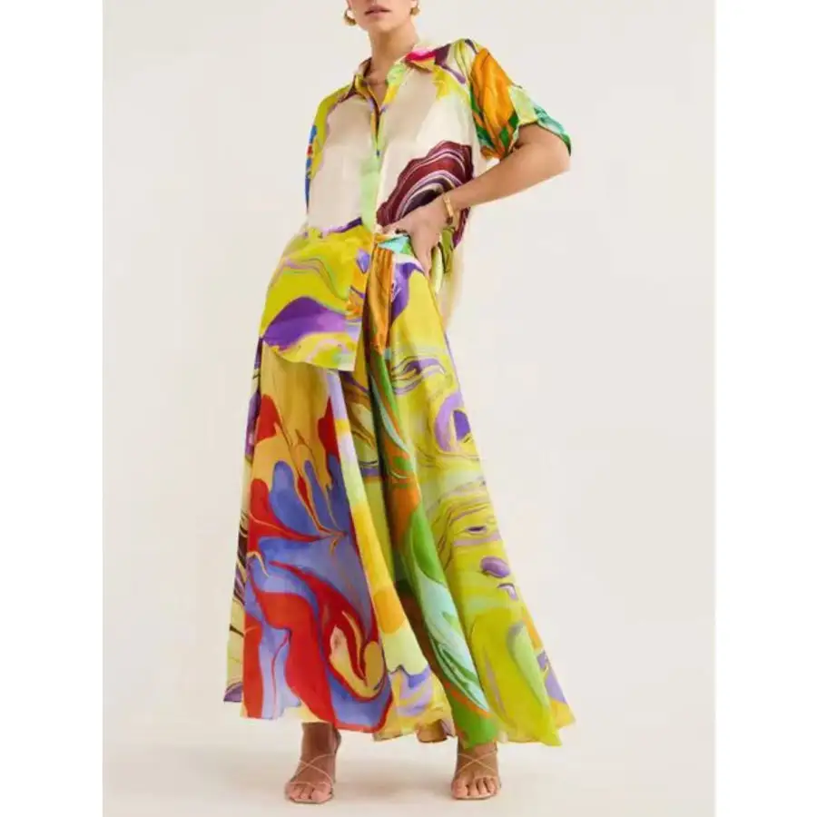 Printed Button Up Shirt and Skirt Set