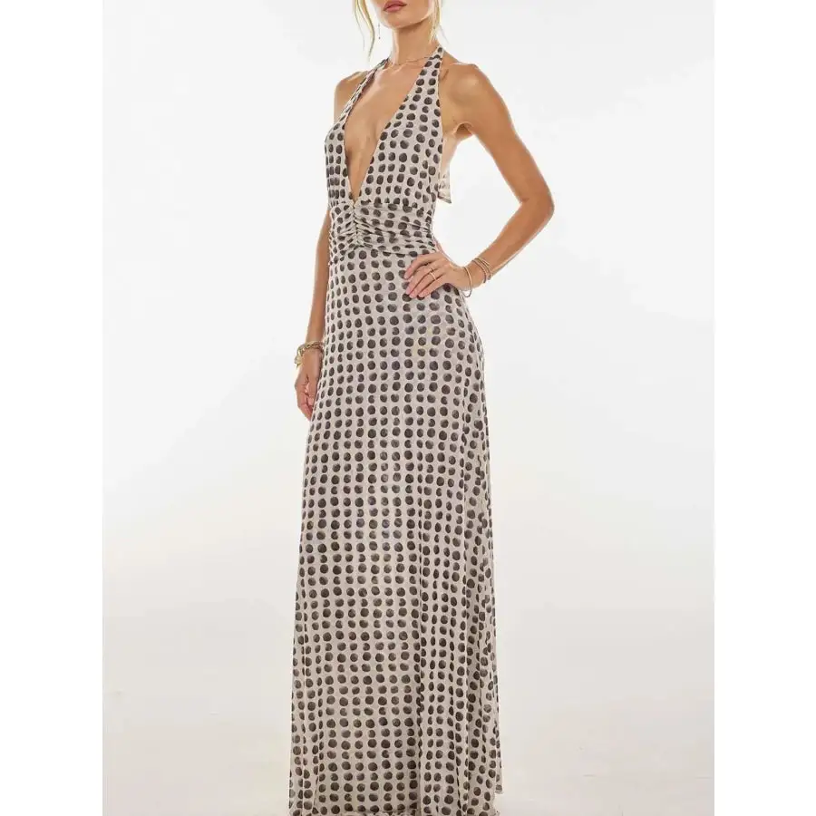 Floral Halter Neck Deep V Maxi Dress