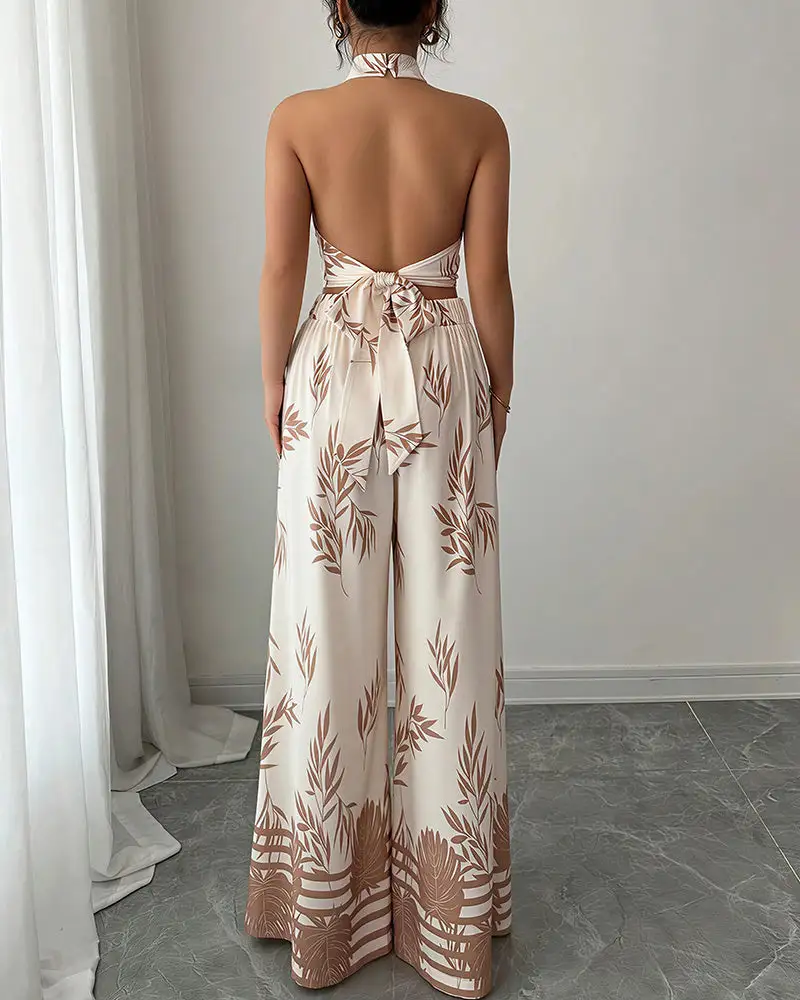 Botanical Halter Open-Back Wide Leg Two-Piece Set
