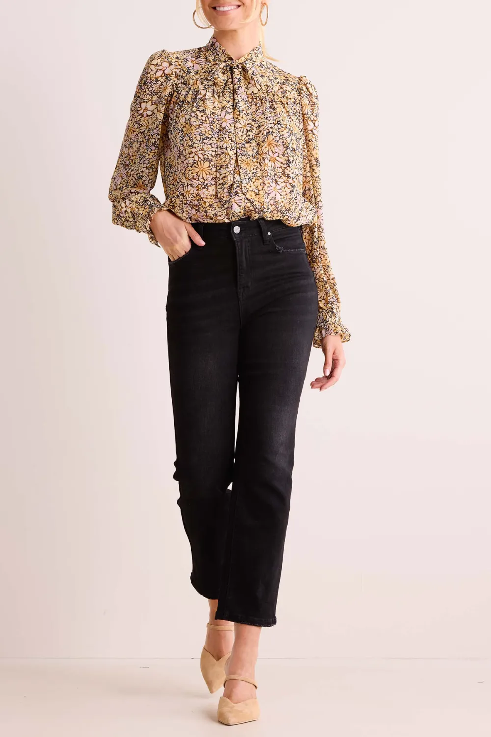 Neutral Floral Print Stand Collar Long Sleeve Blouse