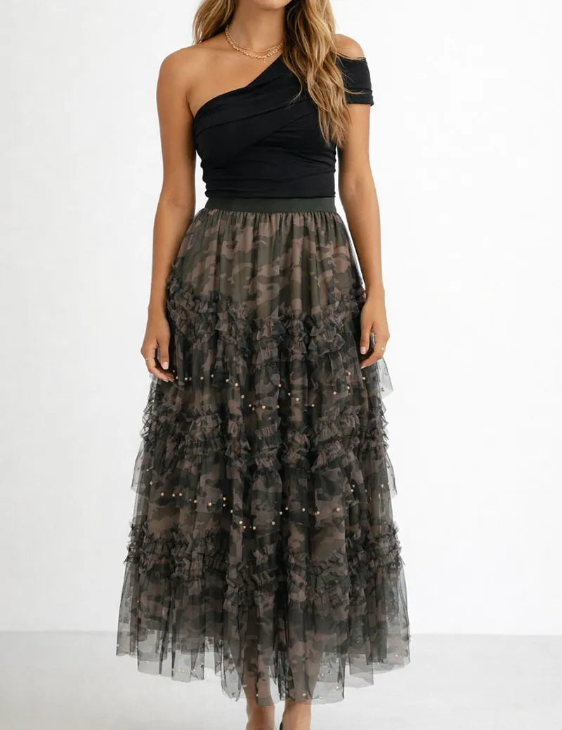 Casual Camo Pearl Tiered Ruffle Tulle Maxi Skirt