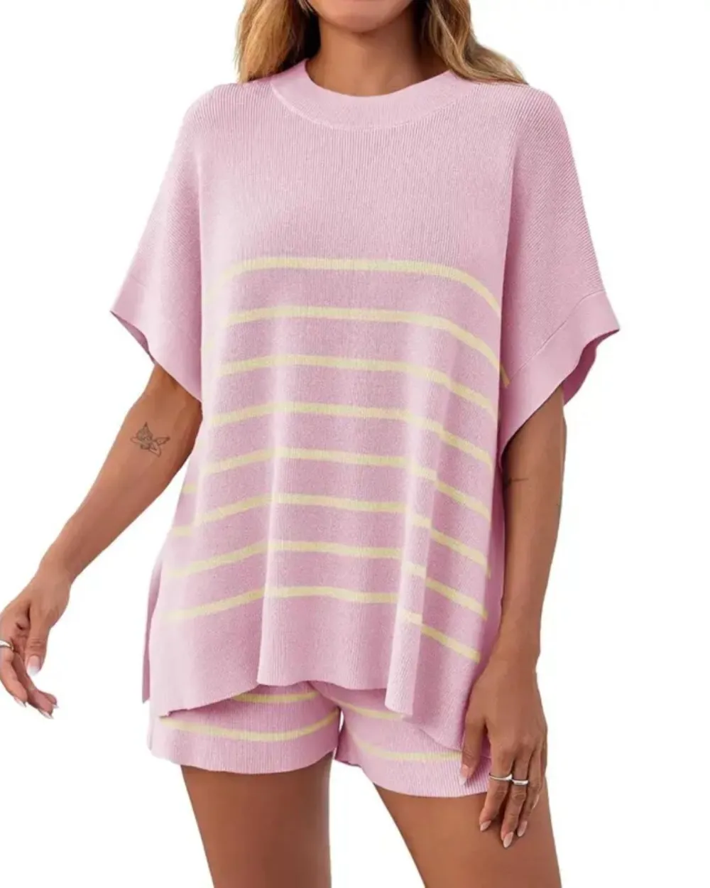 Striped Batwing Top and High-Waist Shorts Two-Piece Lounge Set