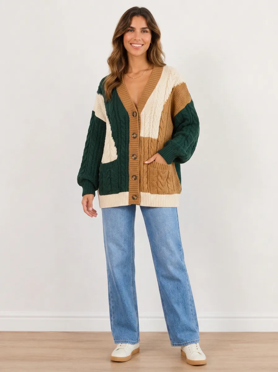 Women's Multi-Color Patchwork Cable Knit Cardigan
