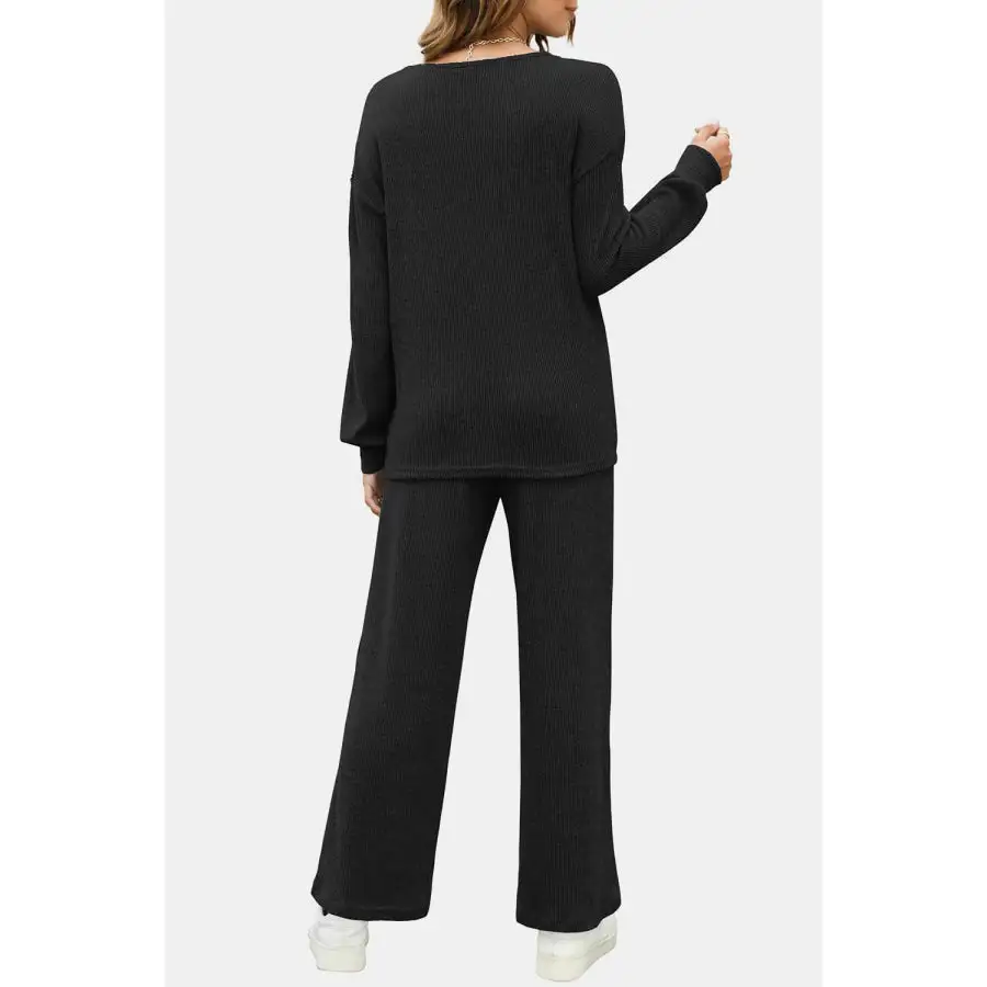Relaxed Round Neck Long Sleeve Top and Pants Set
