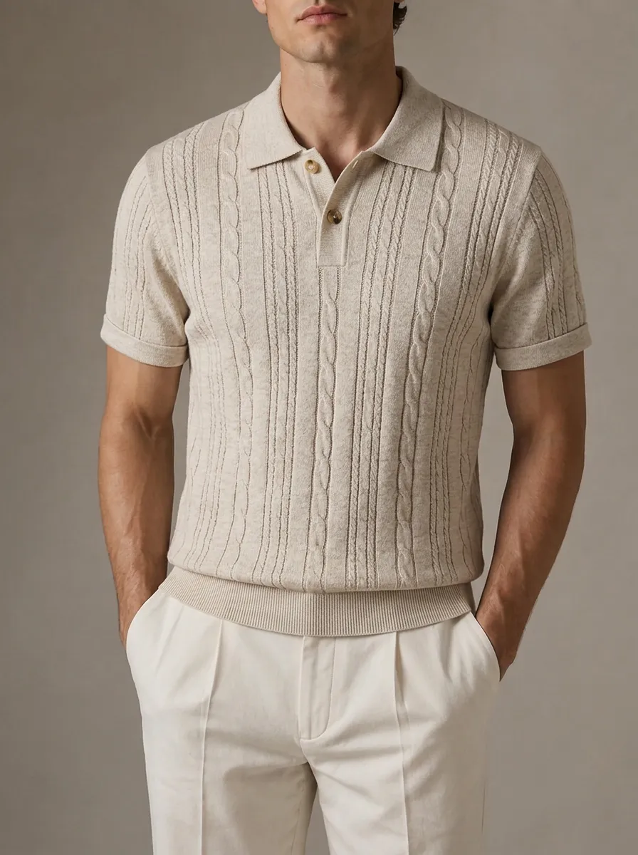 Men's Two Button Cable Knit Short Sleeve Polo