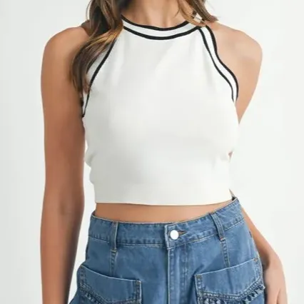 Contrast Trim Grecian Neck Cropped Tank