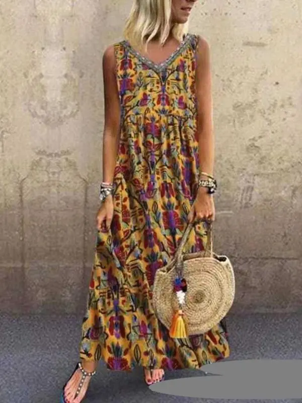 European and American Fashion V-neck Digital Print Long Dress