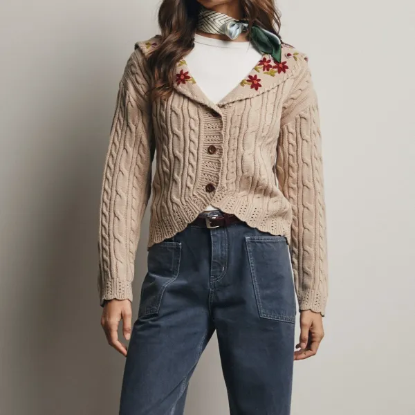 Floral Detail Cable Knit Dropped Shoulder Cardigan