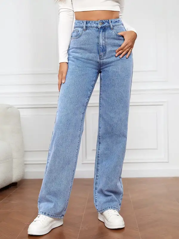 High Waist Straight Leg Washed Denim Jeans