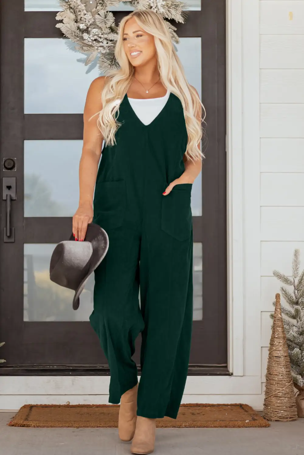 Evergreen Corduroy V Neck Patched Pocket Jumpsuit