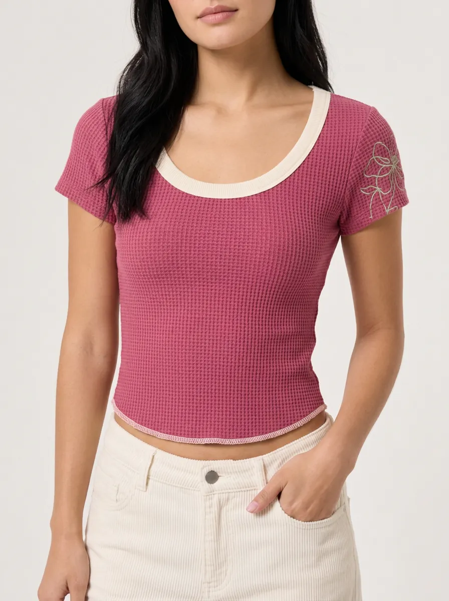 Women's Floral Embroidered Waffle Knit Printed Top