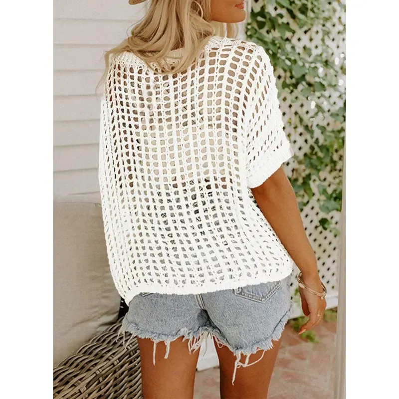 Women's Summer Scoop Neck Short Sleeve Sweater Casual Crochet Hollow Out Knit Tops Pullover Shirts Beach Coverup