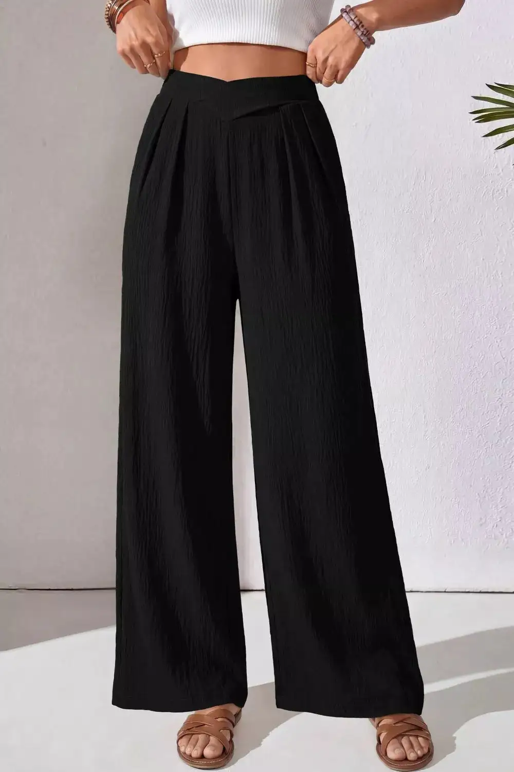 Solid Textured Crossed Waist Loose Pants