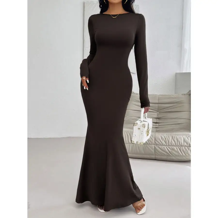 Devine Backless Round Neck Long Sleeve Maxi Dress
